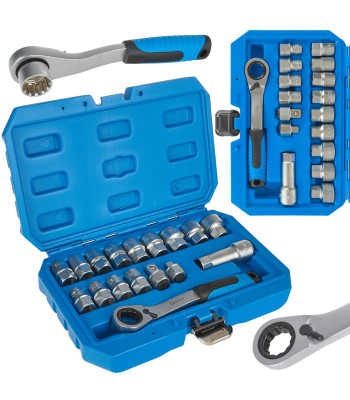 Prakišamų spline galvučių su terkšle rinkinys, 17 dalių, 10–24 mm, CrV