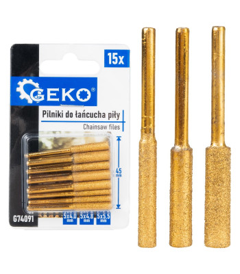 Deimantinių dildelių komplektas grandinėms galąsti, GEKO G74091, 15 vnt., 45 mm, 4,0 mm / 4,8 mm / 5,5 mm