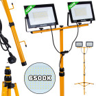 LED prožektorius su teleskopiniu statybiniu stovu ir laidu, šalta balta 6500K, 2 x 100W