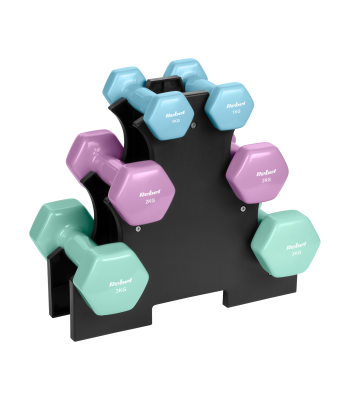 Ketaus vinilinių HEX hantelių rinkinys su stovu, REBEL ACTIVE, 12 kg (2 × 1 kg + 2 × 2 kg + 2 × 3 kg)