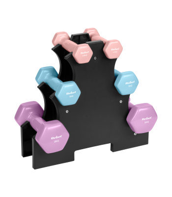Ketaus vinilinės HEX hantelės su stovu, REBEL ACTIVE, 7 kg (2x0.5kg + 2x1kg + 2x2kg)