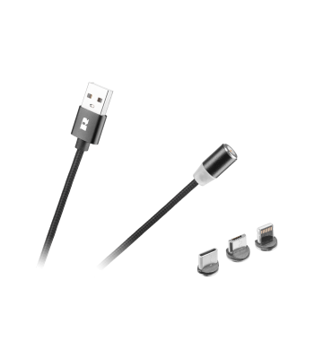 Magnetinis USB kabelis 3 viename microUSB, USB Type-C, Lightning, juodas, Rebel Comp, 100 cm
