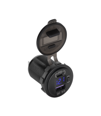 Automobilinis USB ir USB Type-C įkroviklis su Quick Charge, Power Delivery ir įtampos indikatoriumi, 48W