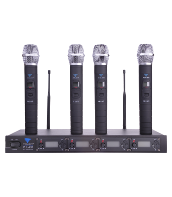 Belaidė mikrofonų sistema, 4 kanalai, 4 rankiniai mikrofonai, PLL-400 UHF