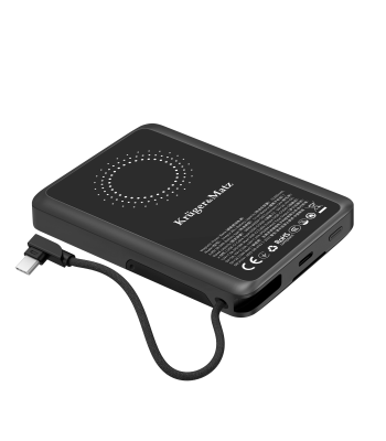 Powerbank Kruger&Matz su Power Delivery 3.0 ir USB-C kabeliu, 10000 mAh, 108 x 69 x 19 mm