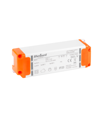 REBEL maitinimo šaltinis LED girliandoms – 12V 2,5A, 30W, (YSL36-1202500), 133 x 42 x 30 mm