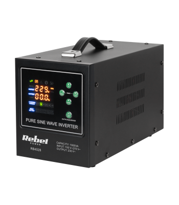 Nepertraukiamo maitinimo šaltinis su gryna sinusoidė ir įkrovimo funkcija Rebel POWER-1000-LFP4, 12V, 230V, 1000VA, 700W