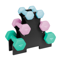 Neoprenu dengti ketaus hanteliai su stovu, REBEL ACTIVE, HEX, 12 kg (2 × 1 kg + 2 × 2 kg + 2 × 3 kg)