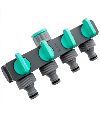 Keturių išėjimų sodo čiaupo vandens skirstytuvas su adapteriu WUBER, G 3/4" (26,5 mm), G 1/2" (21 mm), W00714