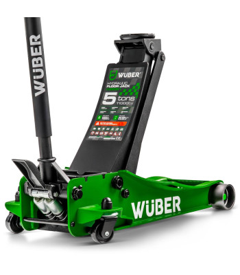 Žemo profilio hidraulinis vežimėlinis domkratas WUBER su kojiniu pedalu, 5 t, 96–595 mm, W22051