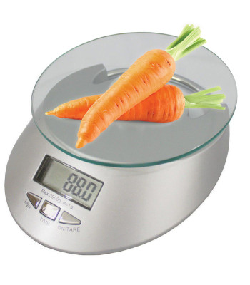 Elektroninės virtuvinės svarstyklės su laikrodžio funkcija, 5 kg / 1 g