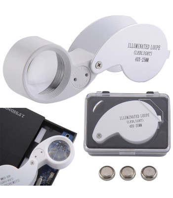 Juvelyrinė kišeninė sulankstoma lupa su 2 LED, 40x, 25 mm