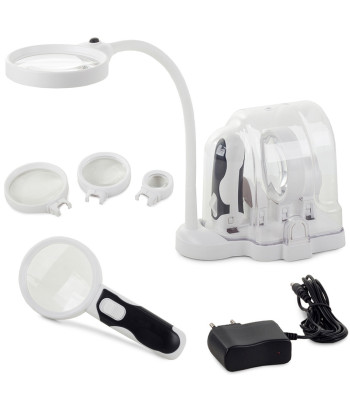 Stalinė lupa su LED apšvietimu ir rankine lupa, 3 keičiami lęšiai, 2,5x 90mm, 5x 75mm, 16x 37mm