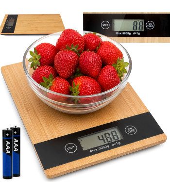 Bambukinės elektroninės virtuvinės svarstyklės su LCD ekranu, iki 5 kg, 23 cm x 16 cm x 2 cm