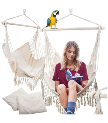 Braziliškas pakabinamas hamakinis krėslas su pagalvėlėmis, boho stiliaus