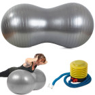 Dvigubas žemės riešuto formos gimnastikos kamuolys su pompa, sidabrinis, didelis, ilgis 90cm, skersmuo iki 40cm