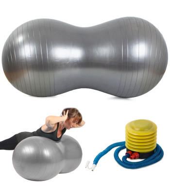 Dvigubas žemės riešuto formos gimnastikos kamuolys su pompa, sidabrinis, didelis, ilgis 90cm, skersmuo iki 40cm