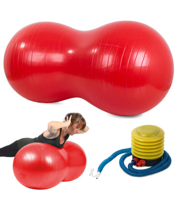 Dvigubas pupelės formos gimnastikos kamuolys su pompa, raudonas – ilgis 80cm, skersmuo iki 40cm