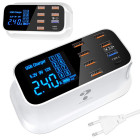 Stalinis tinklo įkroviklis su LED ekranu, 8 prievadais, USB-C ir „Quick Charge 3.0“, 40 W, 14 × 7,5 × 5 cm