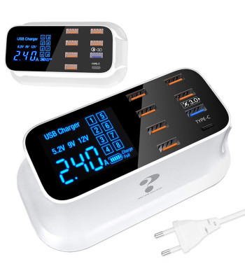 Stalinis tinklo įkroviklis su LED ekranu, 8 prievadais, USB-C ir „Quick Charge 3.0“, 40 W, 14 × 7,5 × 5 cm