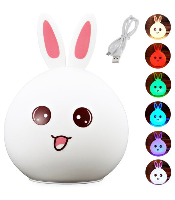 Vaikiška silikoninė LED naktinė lemputė – triušis, RGB, valdoma lietimu, USB, 15,5 × 12 × 10 cm
