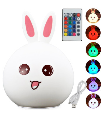 LED naktinė lemputė vaikams – silikoninis triušis su RGB apšvietimu, pulteliu ir USB, 15,5 cm