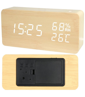 Elektroninis žadintuvas-laikrodis su termometru, higrometru ir USB laidu, 15 × 7 × 4 cm