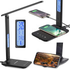 LED stalinė lempa su USB ir Qi įkrovikliu, laikrodžiu bei telefono laikikliu, 56 cm