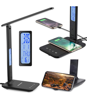 LED stalinė lempa su USB ir Qi įkrovikliu, laikrodžiu bei telefono laikikliu, 56 cm