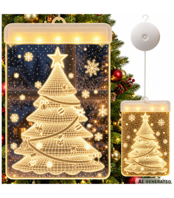 LED 3D kalėdinis vitražas langui su eglutės motyvu, 17 × 11,5 cm