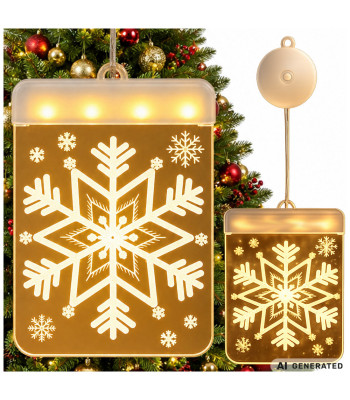 3D LED vitražas langui – kalėdinė žvaigždės ir snaigių dekoracija, 11,5 × 17 cm