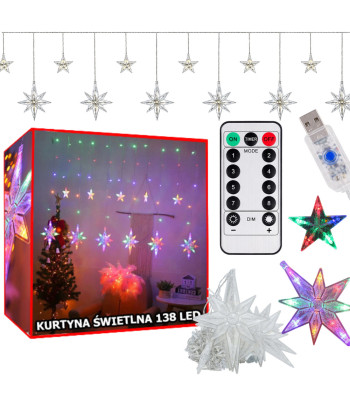 Įvairiaspalvė šviesos užuolaida su žvaigždėmis, 138 led lemputėmis, pulteliu ir usb jungtimi, 3 m