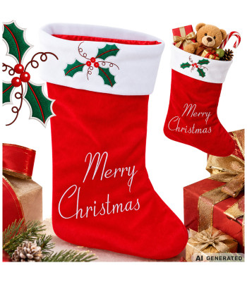 Raudona kalėdinė kojinė dovanoms su užrašu „merry christmas“, didelė, 62 cm