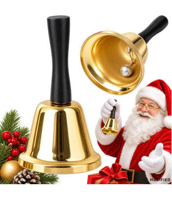 Aukso spalvos metalinis kalėdinis varpelis su medine rankena, 12 cm