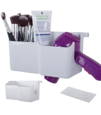 Sieninis plaukų džiovintuvo laikiklis su lentynėle ir organizatoriumi