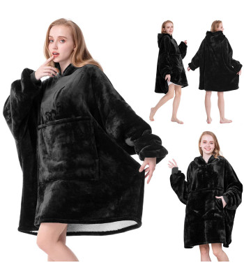 Šiltas oversize džemperis-antklodė, 2 viename, juodas, universalus XXL dydis