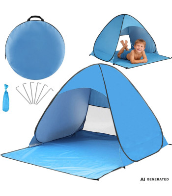 Automatiškai išsiskleidžianti paplūdimio palapinė šeimai su UV apsauga, mėlyna