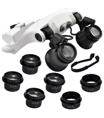 Laikrodininko didinamieji akiniai su 2 LED diodais – 10x, 15x, 20x, 25x