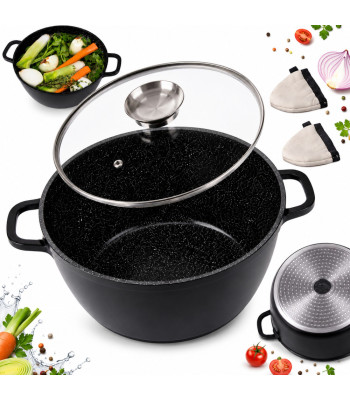 Granitinis puodas su aromatizatoriumi, stikliniu dangčiu ir virtuvinėmis pirštinėmis, 13 l, 37 cm