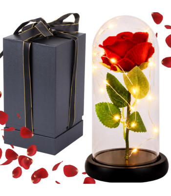 Amžina rožė po stikliniu gaubtu su LED apšvietimu ir dovanų dėžute, 21 × 11 cm