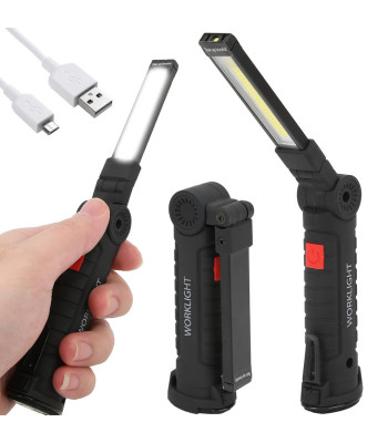 Sulankstoma dirbtuvių LED lempa-žibintuvėlis su magnetu ir kabliu, USB, 5 viename, 20,5 × 3,5 cm