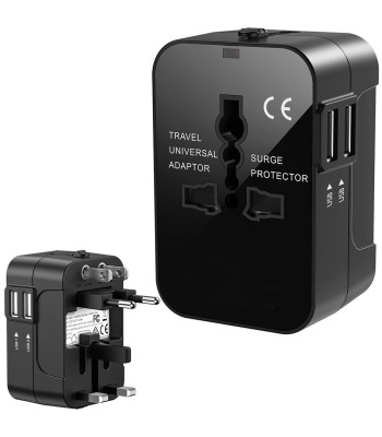 Universalus kelioninis kištukų adapteris su 2 USB jungtimis UK, USA, EU ir AUS lizdams, 7,5cm x 5cm x 4cm