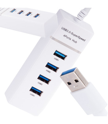 USB šakotuvas su 4 prievadais, baltas, USB 3.0, 10,5 × 3,7 × 2,5 cm