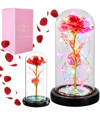 Amžina raudonai auksinė rožė po stikliniu gaubtu su įvairiaspalviu led rgb apšvietimu, 21 cm
