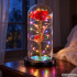 Amžina raudonai auksinė rožė po stikliniu gaubtu su įvairiaspalviu led rgb apšvietimu, 21 cm