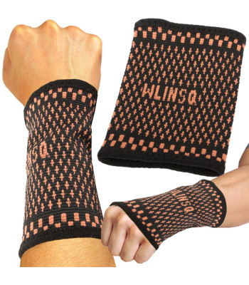 Elastinis riešo įtvaras – stabilizatorius ir atrama, juodos ir oranžinės spalvos, 13 × 9 cm, 17–21 cm
