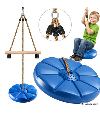Vaikiškos sodo sūpynės su apvalia sėdyne ir mediniu trapecijos skersiniu, mėlynos, Ø 30 cm, ilgis 190 cm