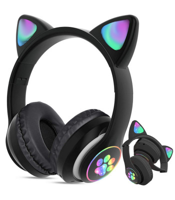 Belaidės „Bluetooth“ ausinės su katės ausimis, FM radiju, MP3 grotuvu ir LED apšvietimu