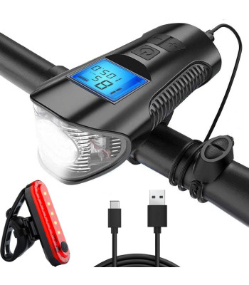 Dviračio priekinė ir galinė LED lemputė su spidometru ir garsiniu signalu, 3w1, 10,5 × 5,5 × 4 cm
