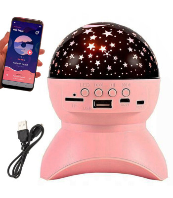 Žvaigždžių projektorius – LED naktinė lempa su „Bluetooth“ garsiakalbiu ir USB, rožinis